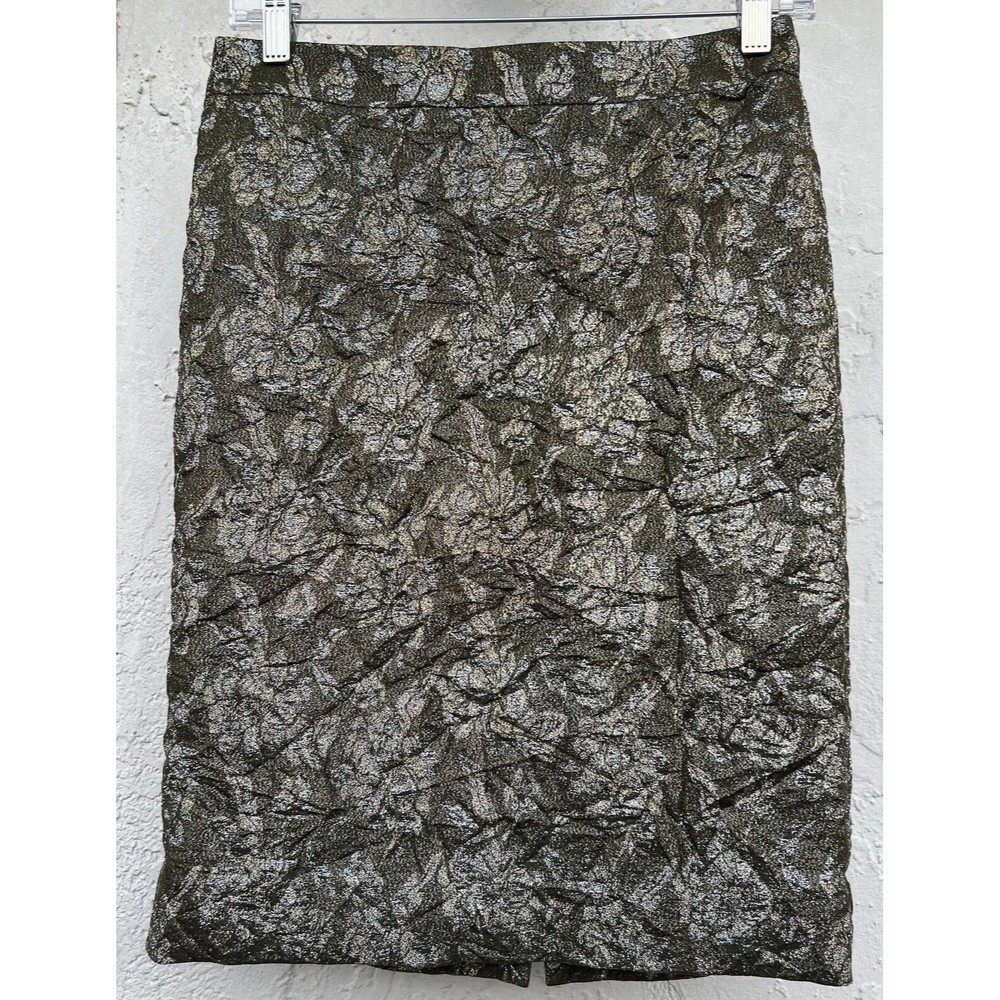 J. Crew Skirt Womens 0 Floral Silk Blend Gold and SilverMetallic Slit Lined NWOT